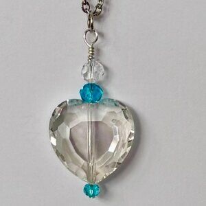 Necklace Heart Clear Crystal Glass Faceted Handmade w/Beads 18" stainless chain
